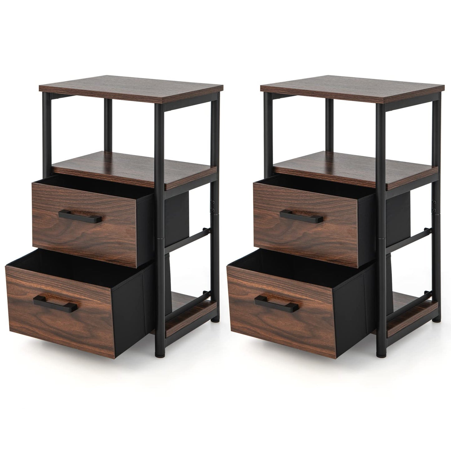 Metal Frame Bedside Table with Open Shelf and 2 Drawers