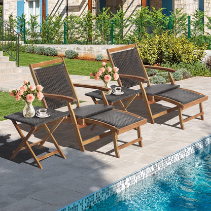 Folding Sun Lounger with Retractable Footrest & Wicker Side Table