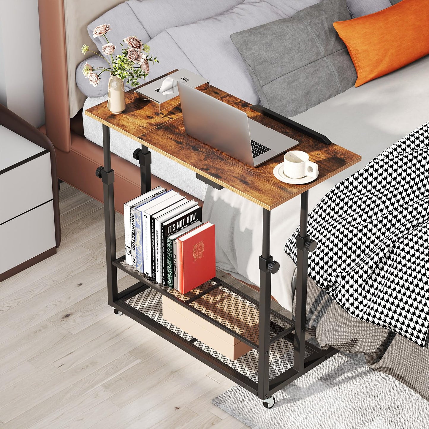 80 x 50cm Height Adjustable Mobile Laptop Table Computer Desk with Tilting Tabletop