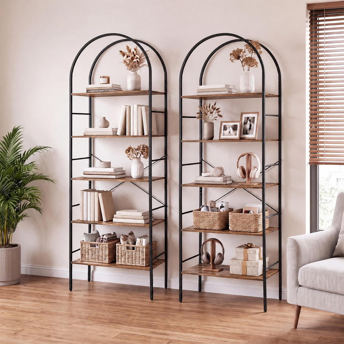5-Tier Arched Bookshelf, Metal Frame Bookcase Shelving Unit, Freestanding Display Storage Organizer