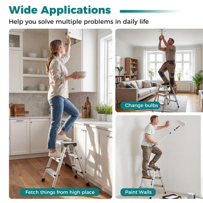 Dual-Sided 3 Step Ladder, Aluminum Folding Step Stool