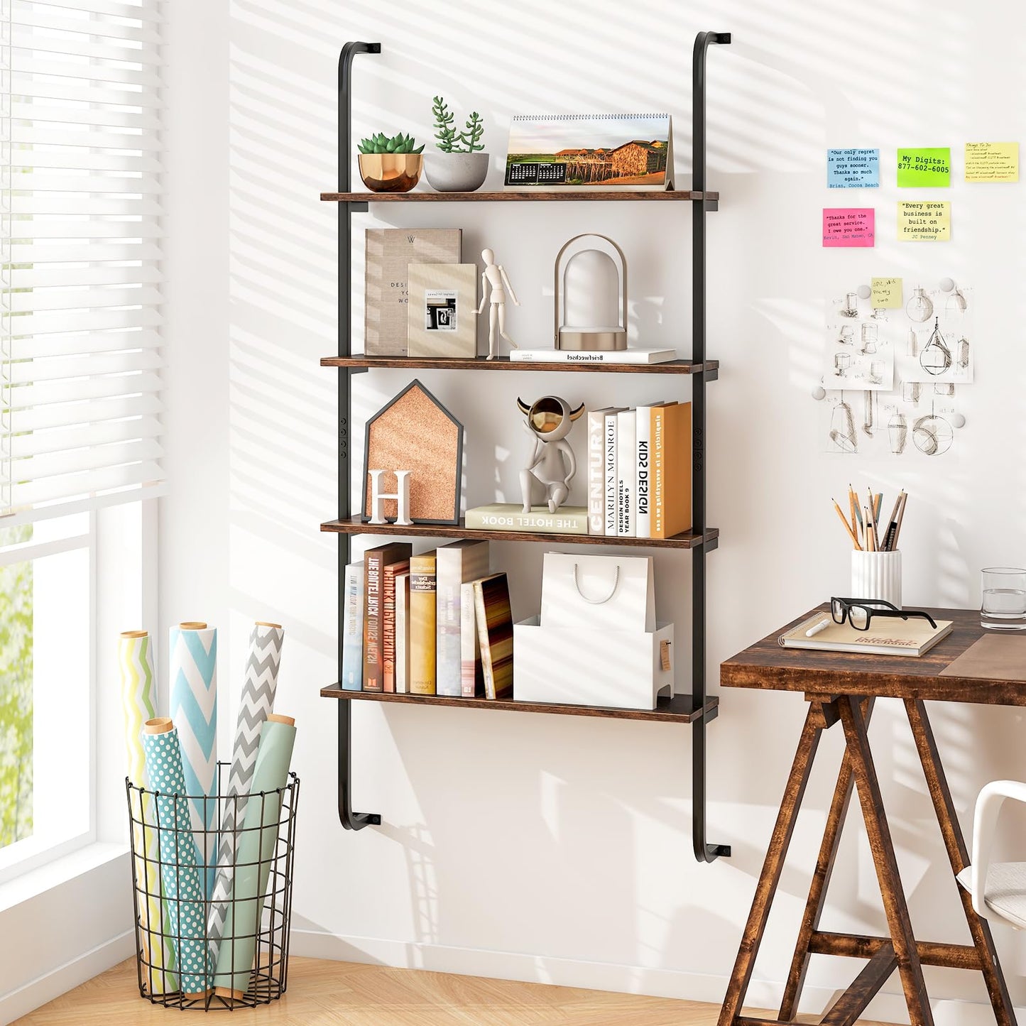 4 Tier Wall Mounted Industrial Pipe Shelving Wood Floating Shelves