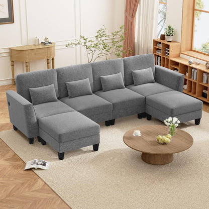 280 cm U-Shaped Sectional Sofa with 2 Ottomans & USB Charging Ports