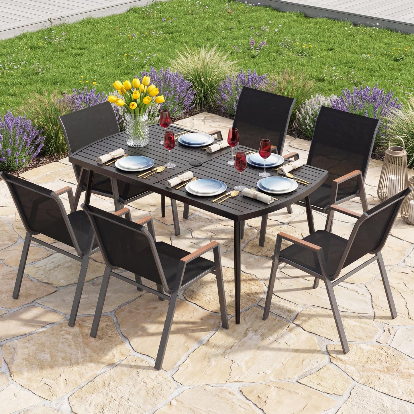 160 x 90cm Garden Table for 6, Outdoor Dining Table with 4cm Umbrella Hole