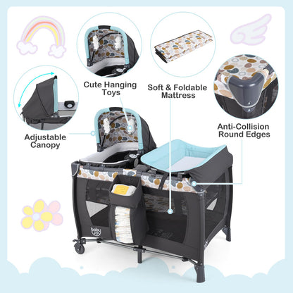 5 in 1 Travel Cot, Portable Baby Crib Bassinet with Rocking Bassinet & Diaper Changing Table