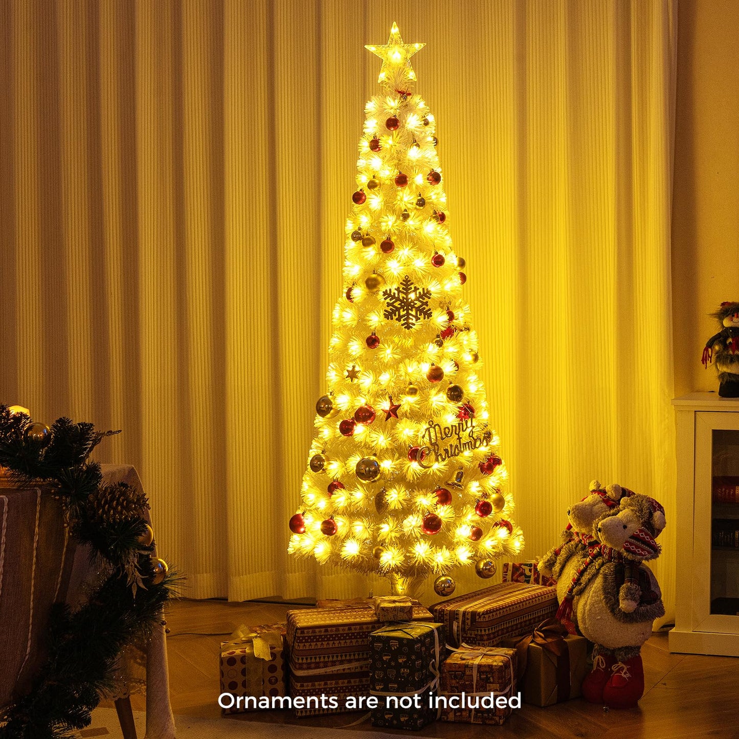 150/180CM Artificial Xmas Tree Pencil Tree with Treetop Star and 7 Lighting Modes