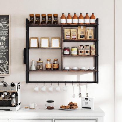 107 CM Industrial Floating Shelves 6-Tier Wall Mounted Shelf with 8 S-Hooks