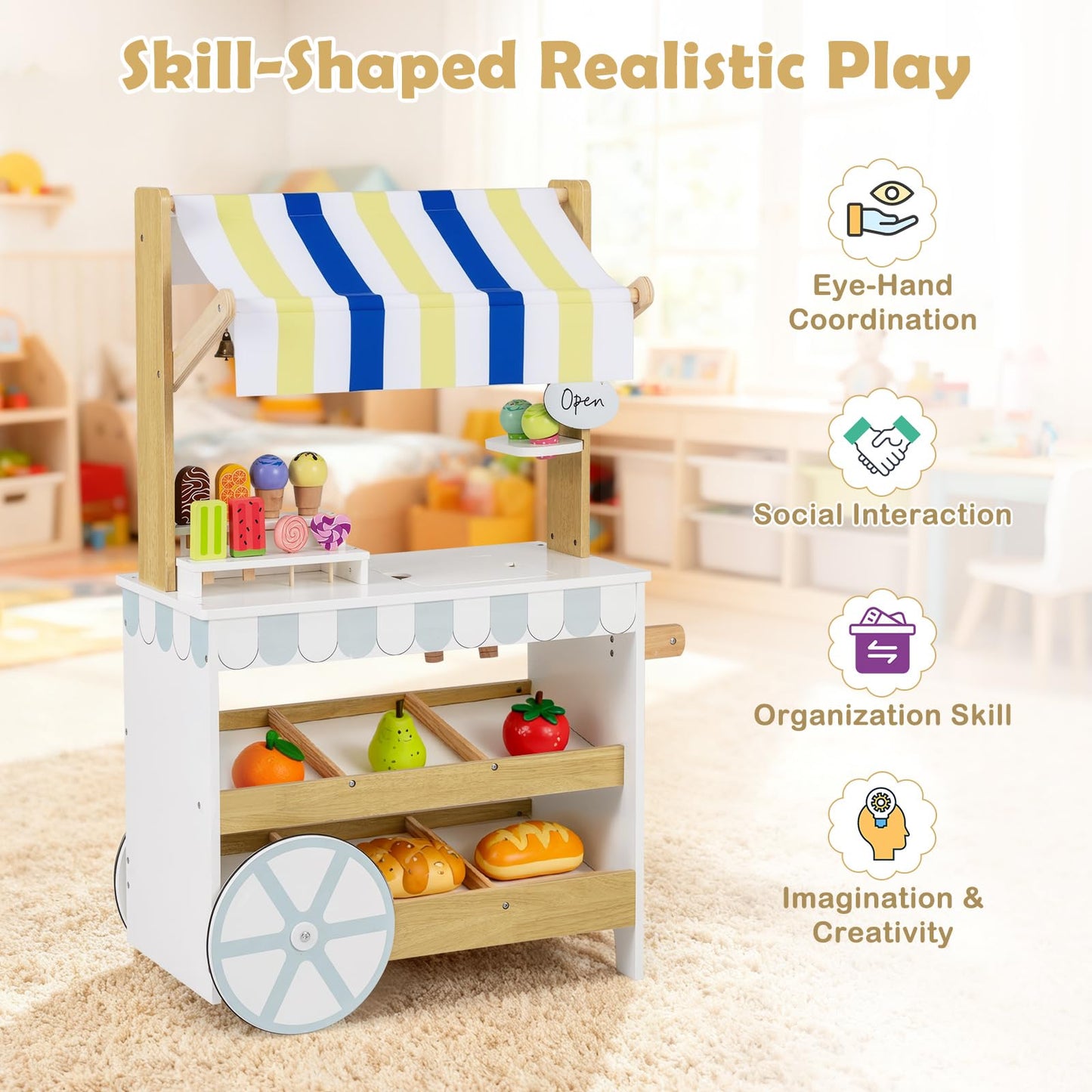 Kids Ice Cream Cart, 2 in 1 Wooden Grocery Store Playset with Display Shelves