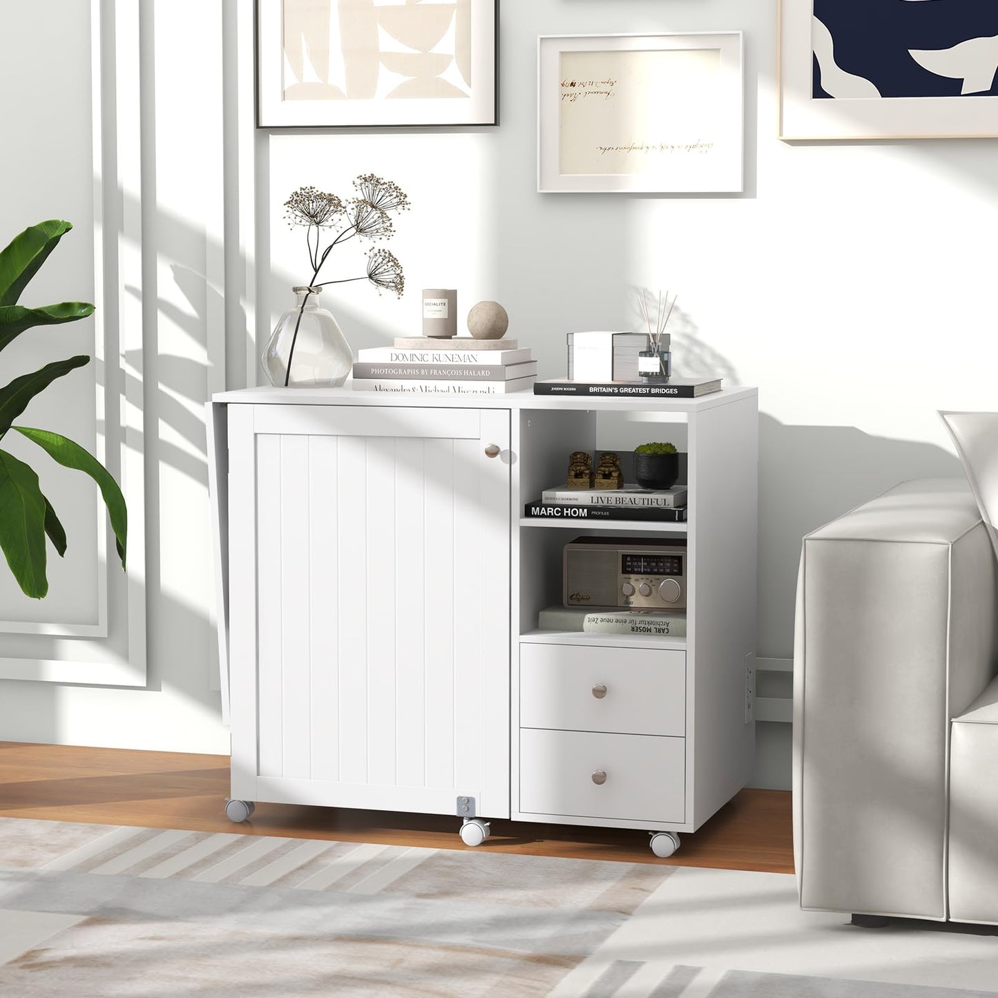 Folding Sewing Table with Charging Station, Craft Table (Natural) | Drop Leaf