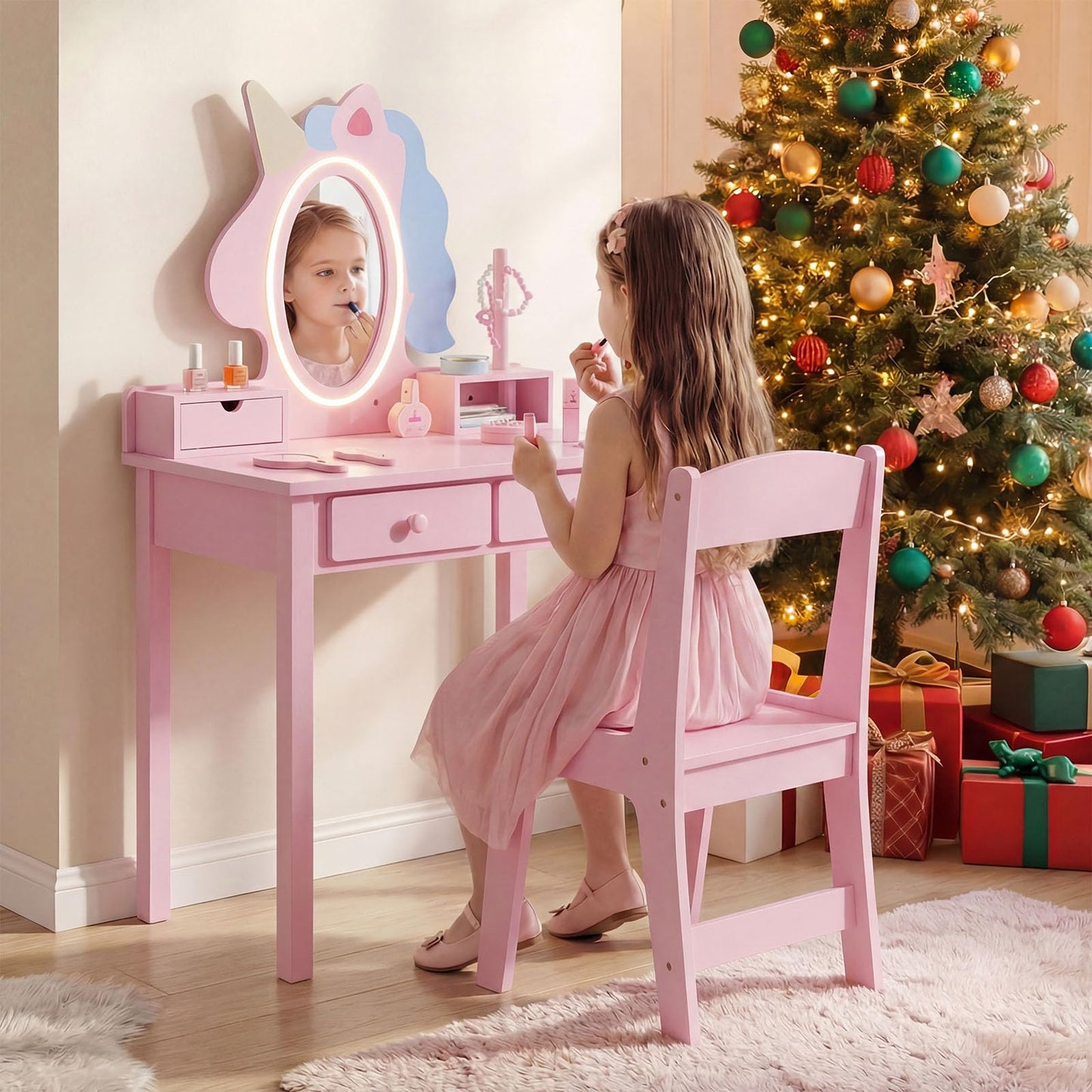 Kids Vanity Set with Lighted Unicorn Mirror & Stool and Jewelry Rack for Girls