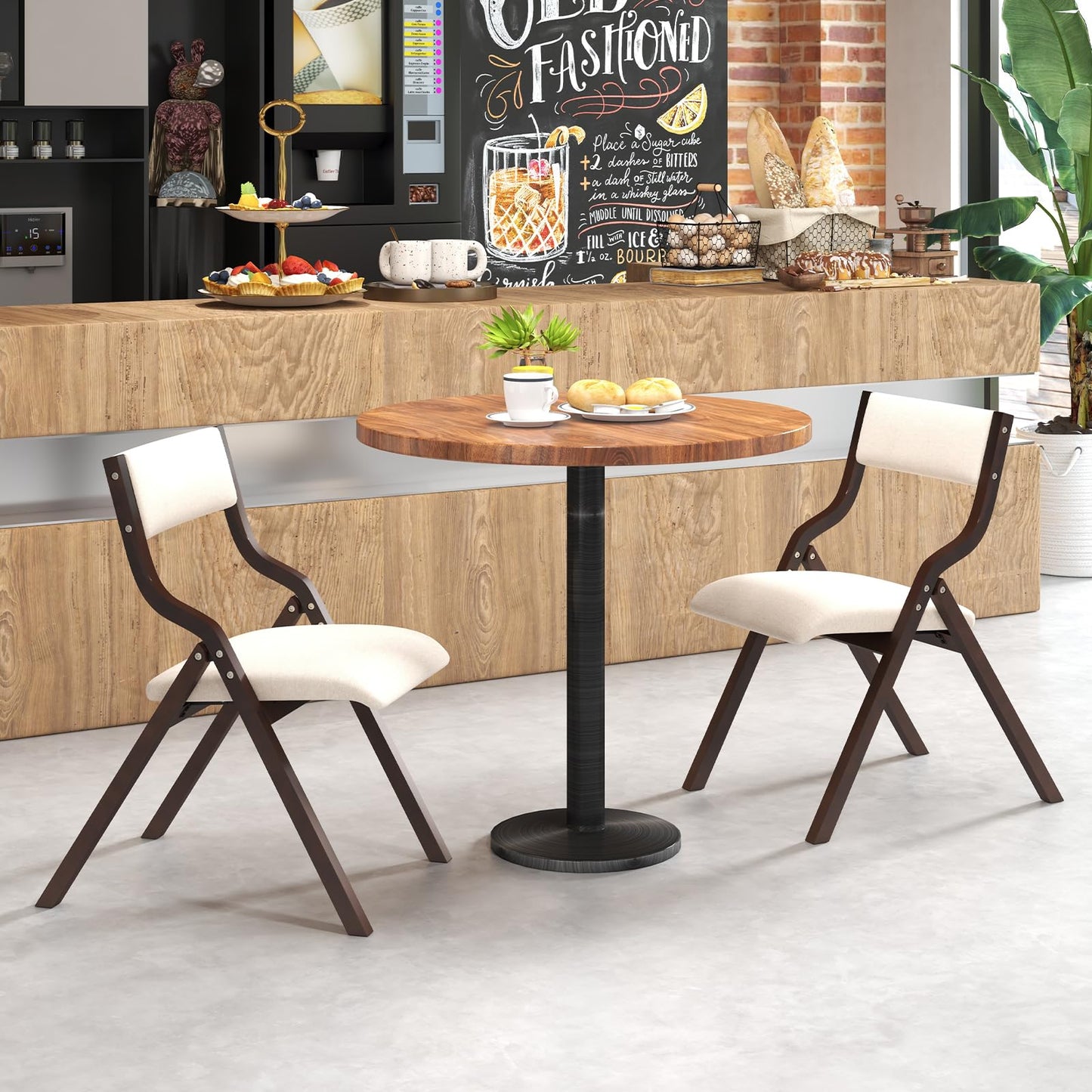 Padded Folding Chair Set of 2, Wooden Counter Dining Chairs with Linen Fabric Seat