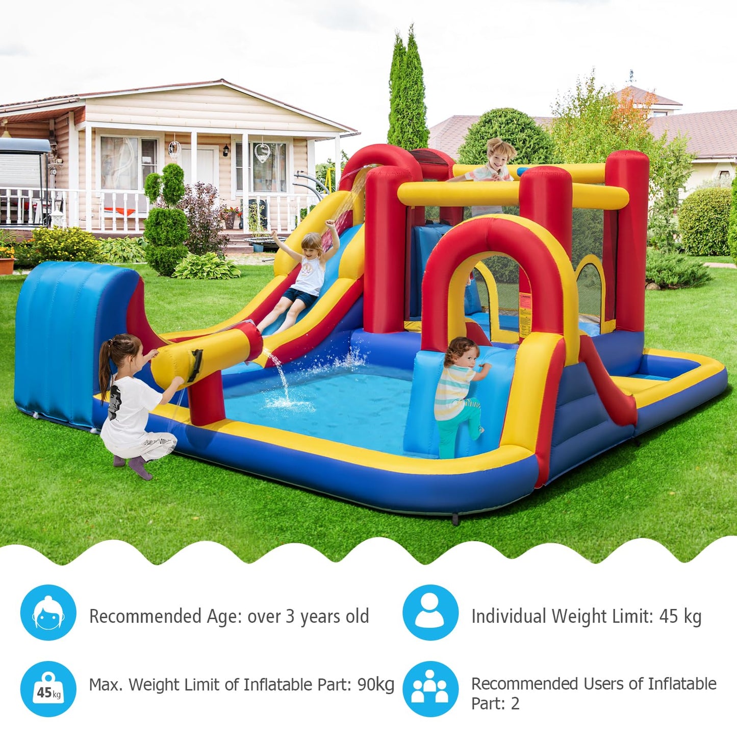 Inflatable Water Park, Kids Bouncy Castle with Double Slides, 2 Splash Pools