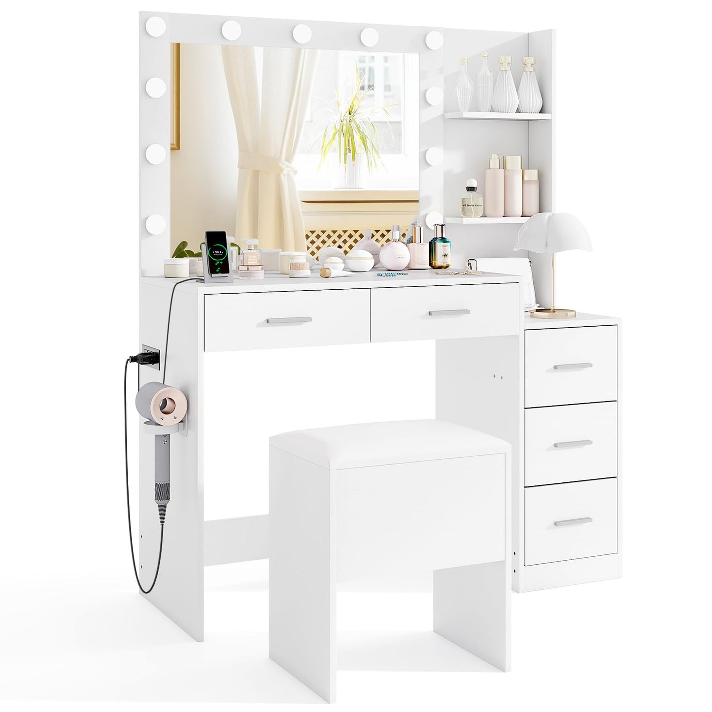 Dressing Table with Large LED Mirror and Storage Stool
