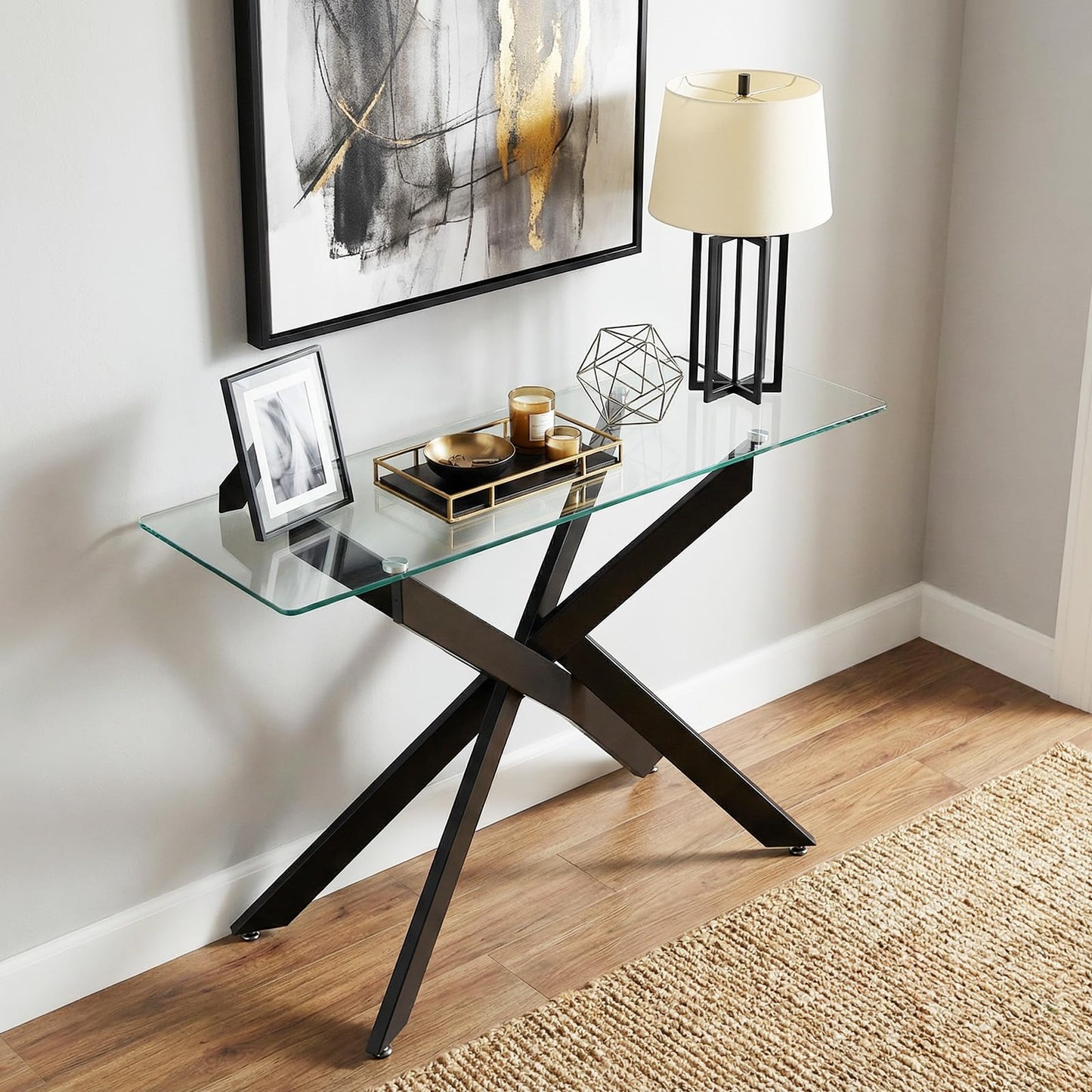 Modern Glass Console Table with Tempered Glass Top and Tubular Legs