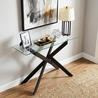 Modern Glass Console Table with Tempered Glass Top and Tubular Legs