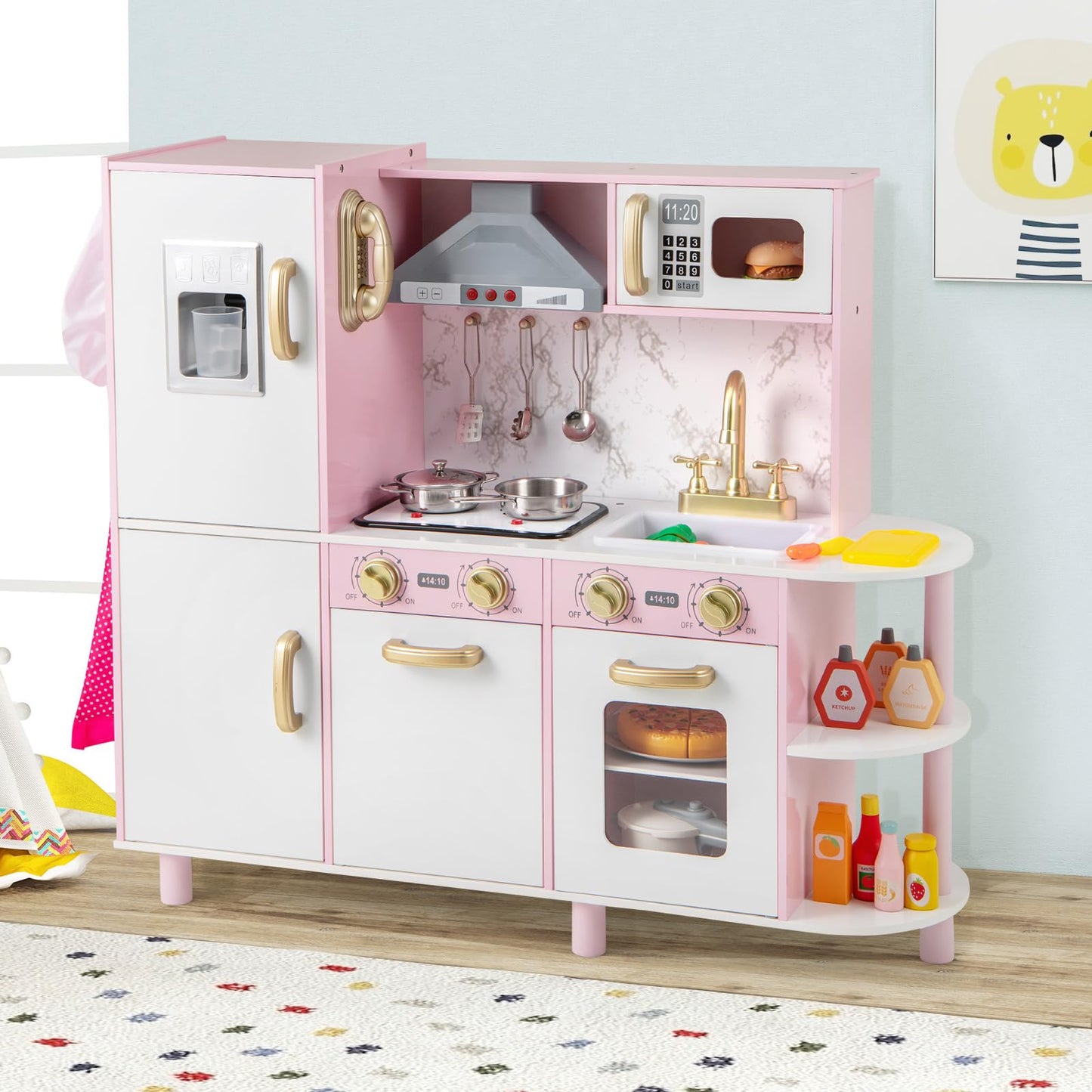 Kids Kitchen Playset Pretend Wooden Play Kitchen with Apron for 3+ Years Old