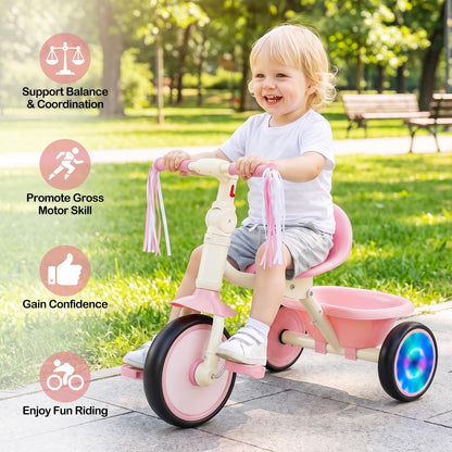 Kids Tricycle, Foldable Toddler Trike with Lighting Wheels