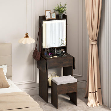 Small Dressing Table with 3-Color LED Lights Mirror and Stool