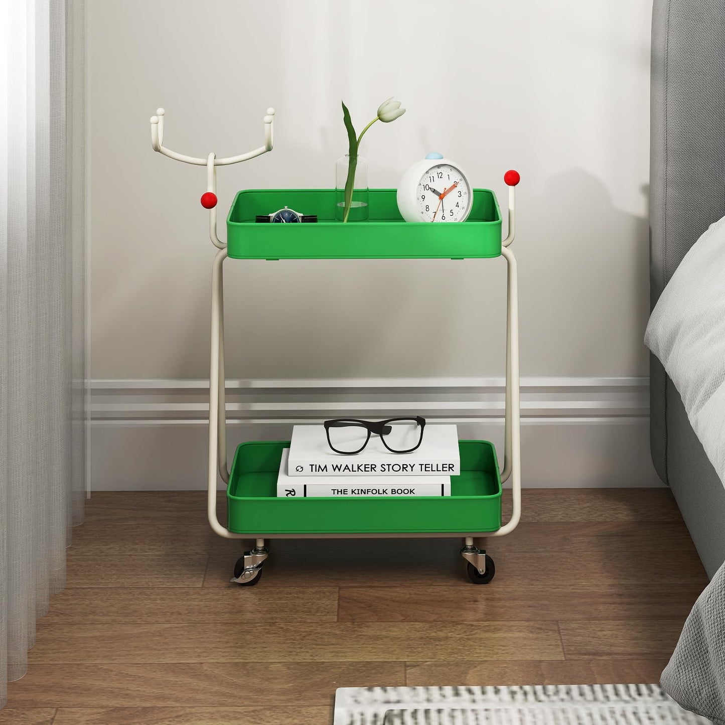 Reindeer Side Table 2-Tier Christmas Rolling Cart with Metal Frame and Wheels