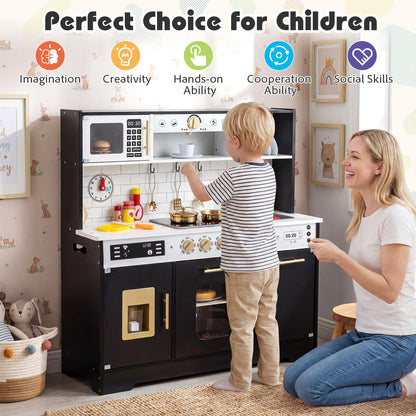 Kids Play Kitchen, Wooden Pretend Toy Kitchen with Realistic Lights & Sounds