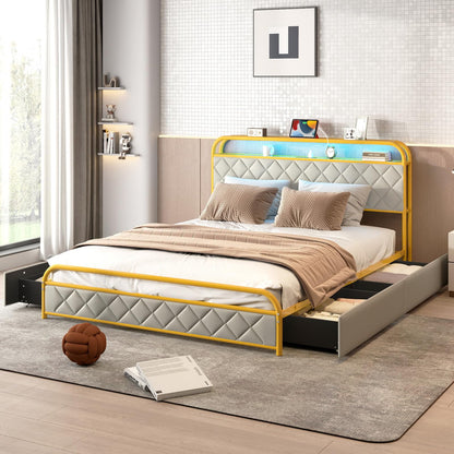 5FT King Size Bed Frame with RGB LED Lights, Charging Station