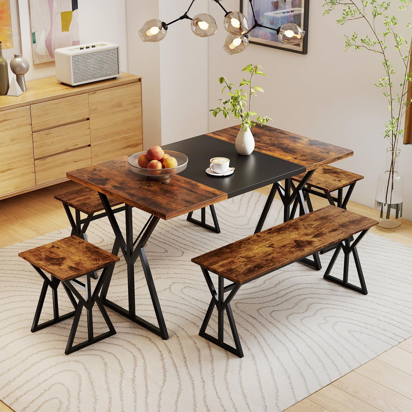 Dining Table and Stool Set with Bench for 4-6, 138cm Industrial Kitchen Table