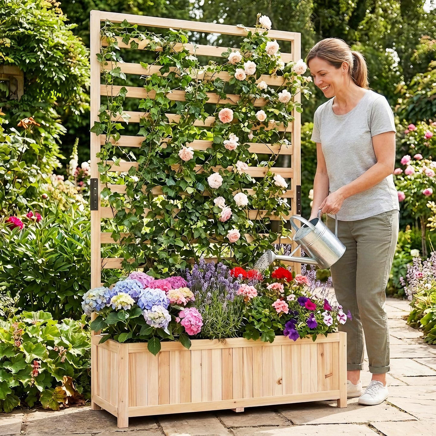 Wooden Planter with Trellis, Raised Garden Bed with Liner, Drainage Design