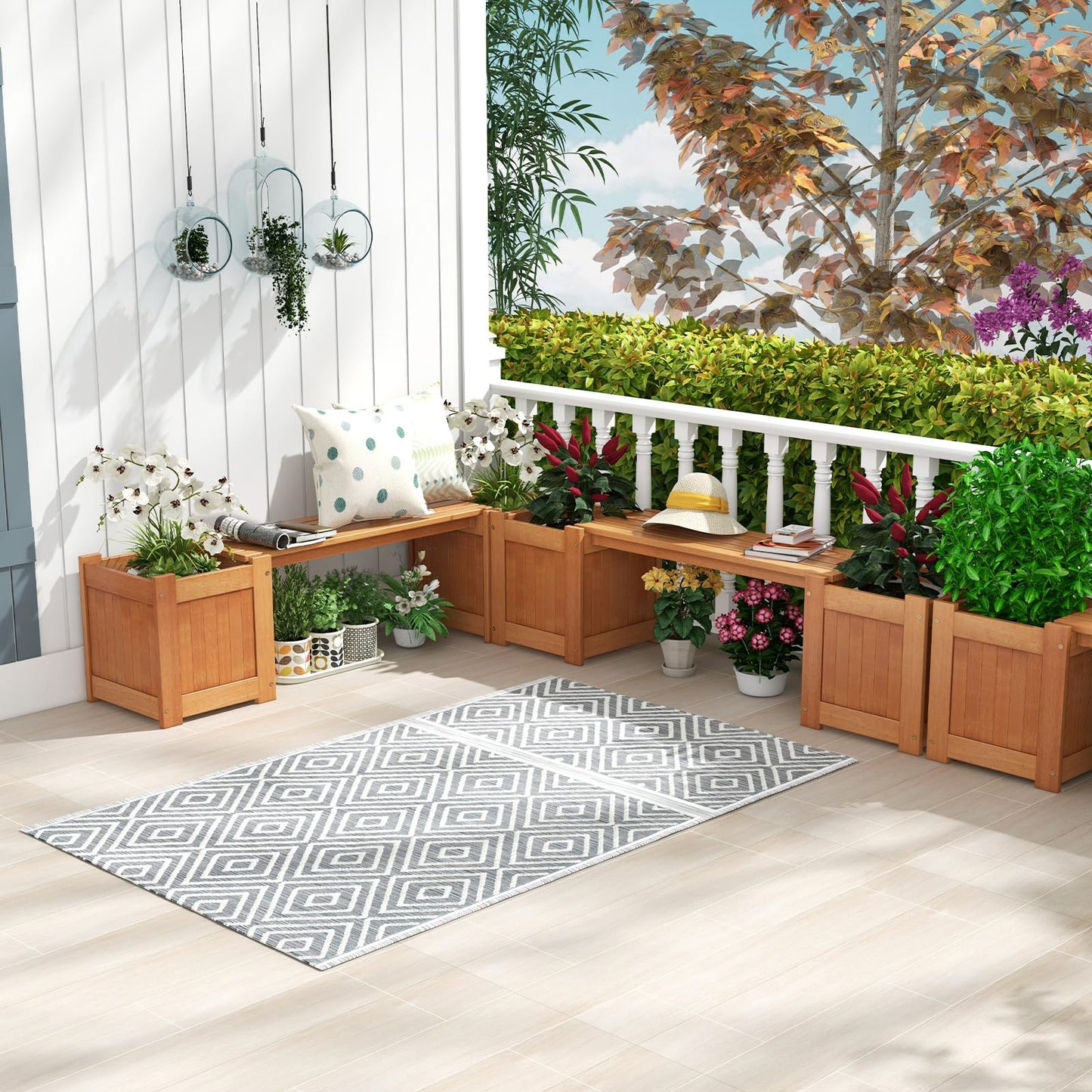 2-in-1 Wooden Planter & Bench Raised Garden Bed with Seat and Open-ended Bottom
