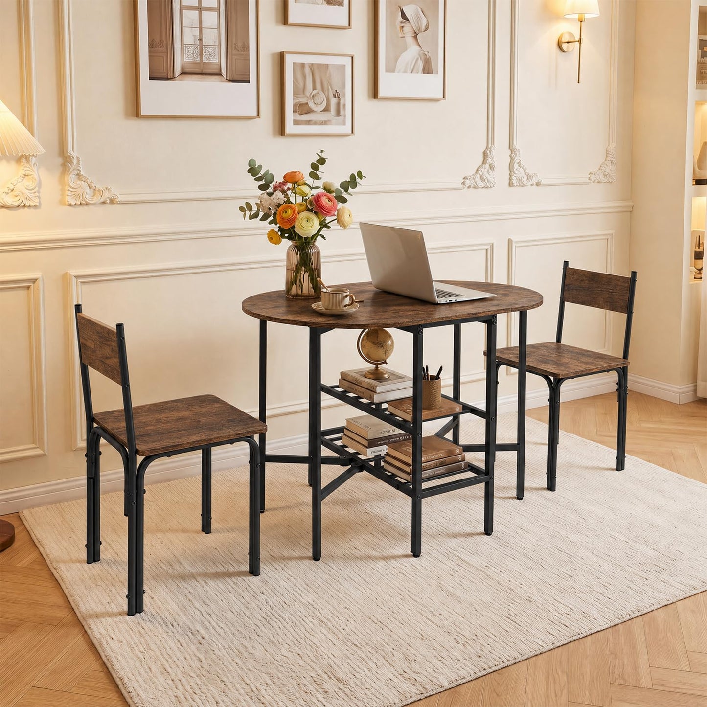 3-Piece Drop Leaf Dining Table Set with 2 Chairs and 2-Tier Storage Shelves for Kitchen