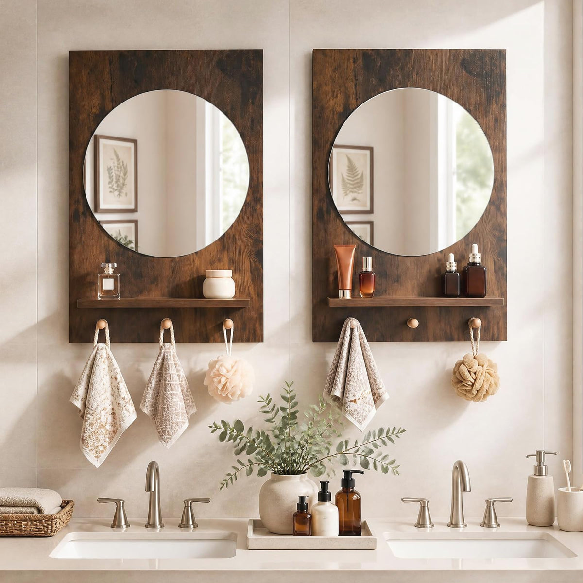 Wall Mirror with Storage Shelf, 3 Hanging Hooks