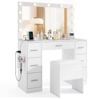 Dressing Table with 3-Color Large LED Mirror and Cushioned Storage Stool