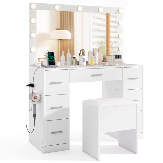 Dressing Table with 3-Color Large LED Mirror and Cushioned Storage Stool