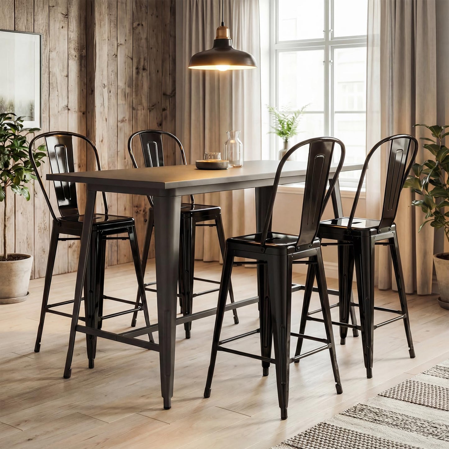 62 cm Metal Bar Stools Set of 4 with Backrests and Footrests