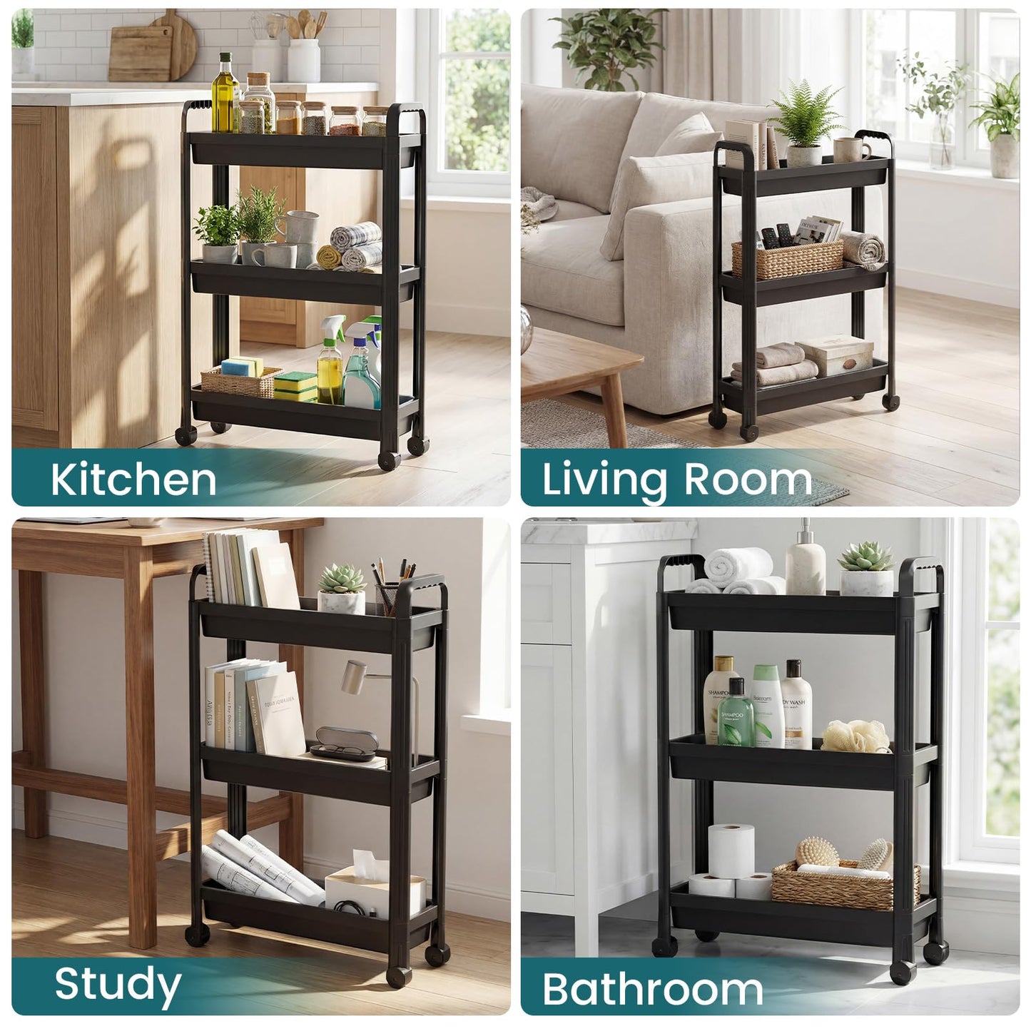 Slim Rolling Storage Cart 3/4-Tier Bathroom Organizer with Handles and Wheels