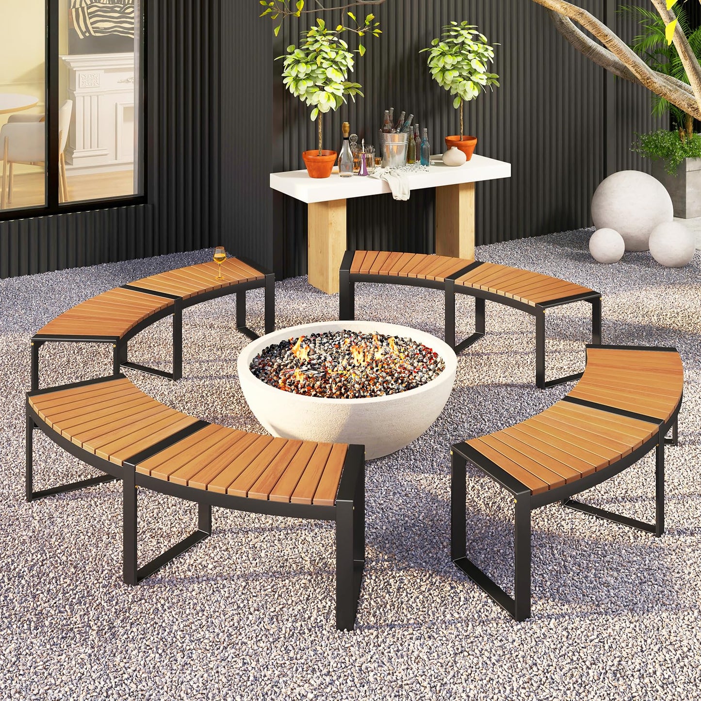 Acacia Wood Fire Pit Bench with Slatted Seat Metal Legs