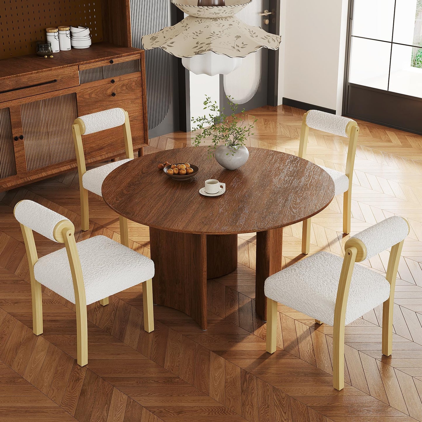 Wooden Dining Chair Set of 2 Faux Sherpa Upholstered Kitchen Chairs
