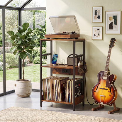3-Tier Record Player Stand, Industrial Turntable Stand with Charging Station