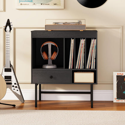 Large Record Player Stand with Open Compartments and Album Holders