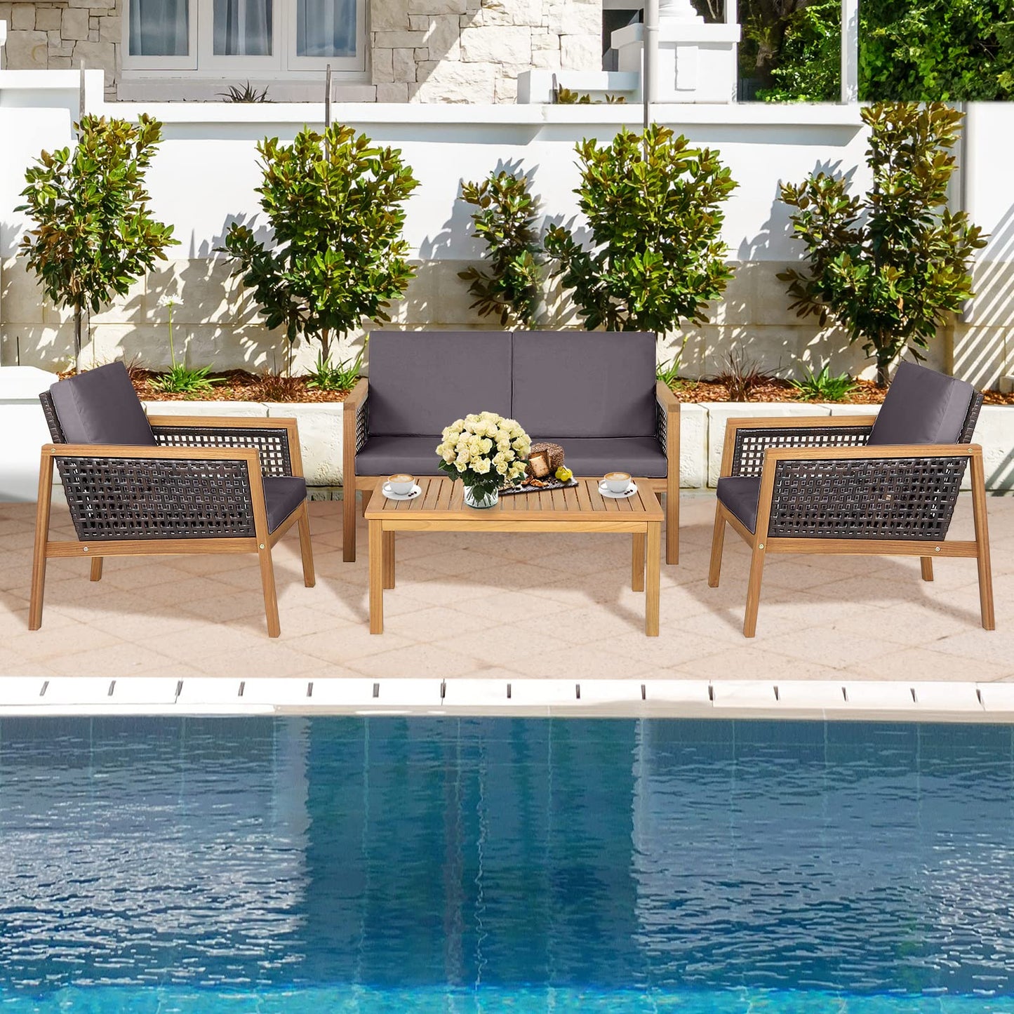 4 PCS Acacia Wood Rattan Patio Conversation Set with Loveseat and Coffee Table