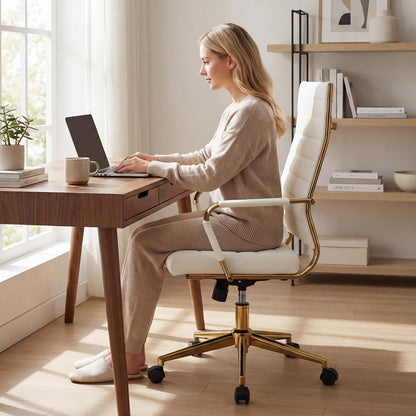 White Gold Office Chair with Ribbed PU Leather & Adjustable Backrest for Indoor