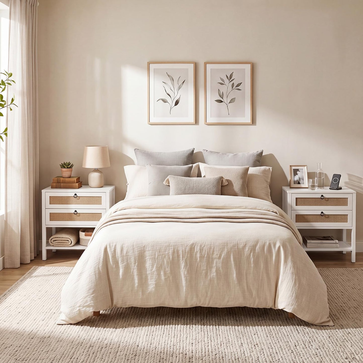 Rattan Bedside Table, Boho Nightstand with 2 Drawers