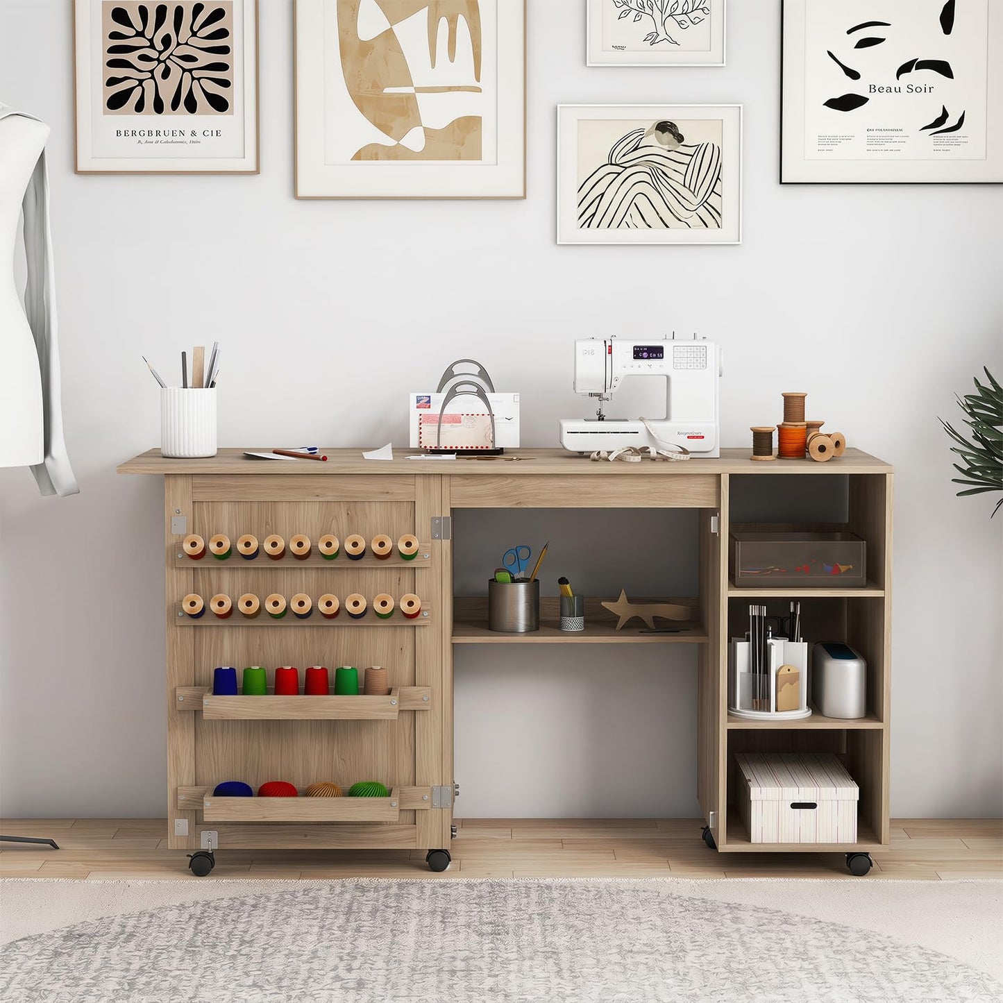 Folding Sewing Table, Rolling Craft Table Hobby Desk with Storage Shelves