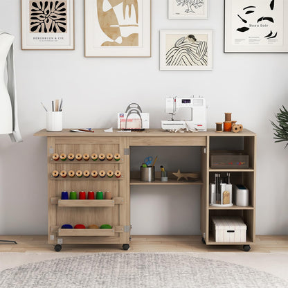 Folding Sewing Table, Rolling Craft Table Hobby Desk with Storage Shelves