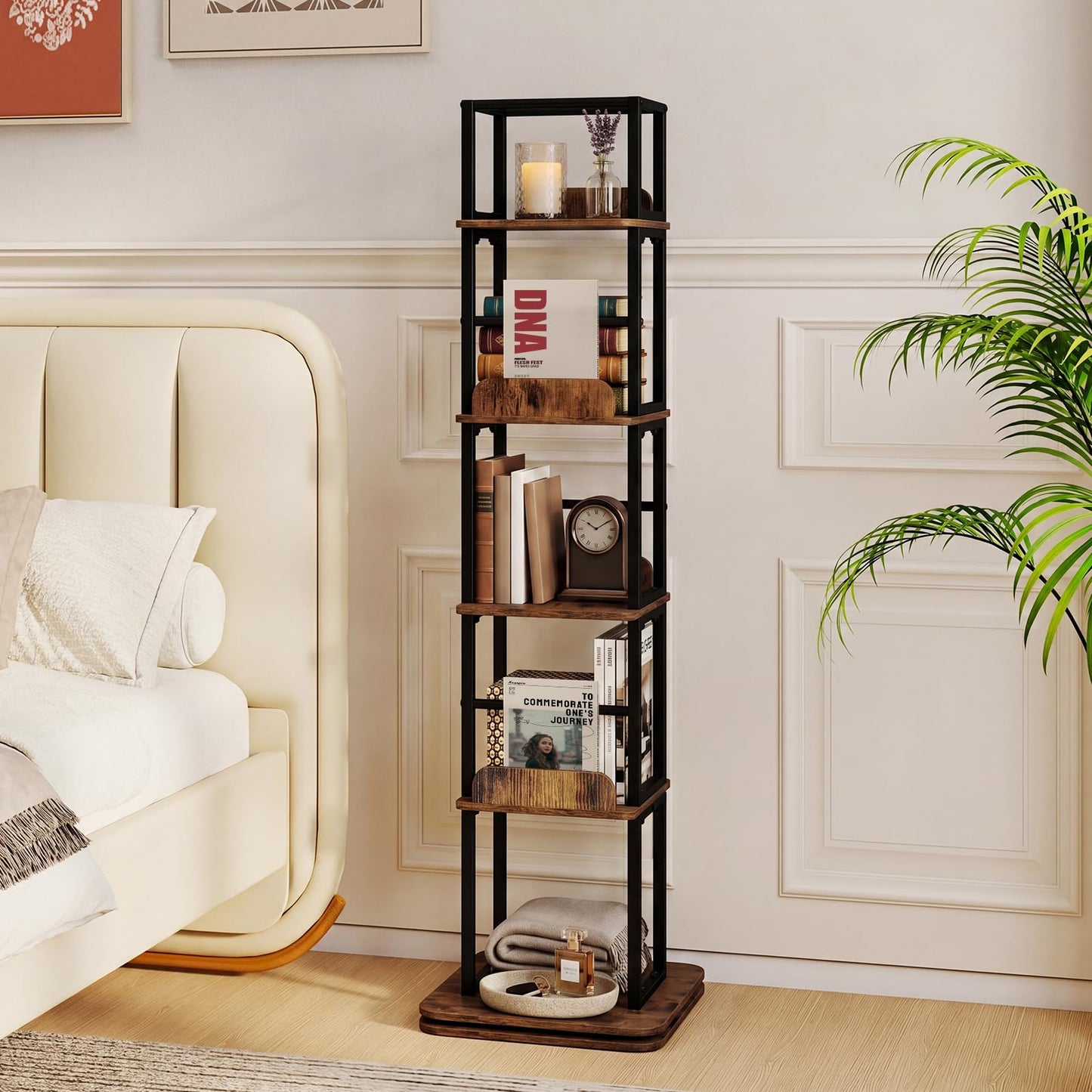 5-Tier Rotating Bookshelf Tower with 360° Spin & Side Rails for Small Spaces