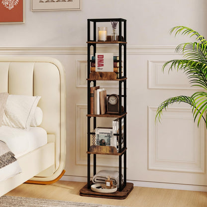 5-Tier Rotating Bookshelf Tower with 360° Spin & Side Rails for Small Spaces