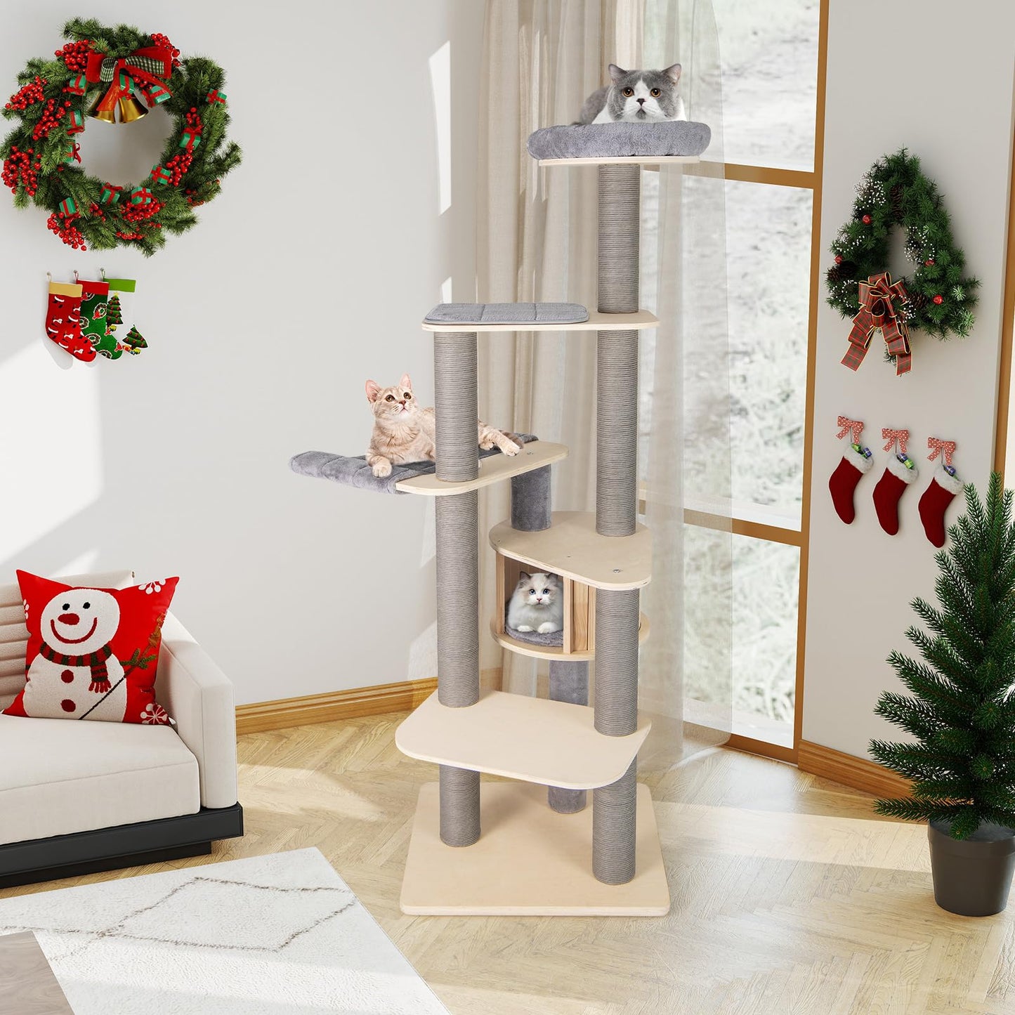 Cat Tree, Tall Multi-Layer Cats Tower with Comfy Padded Top Perch