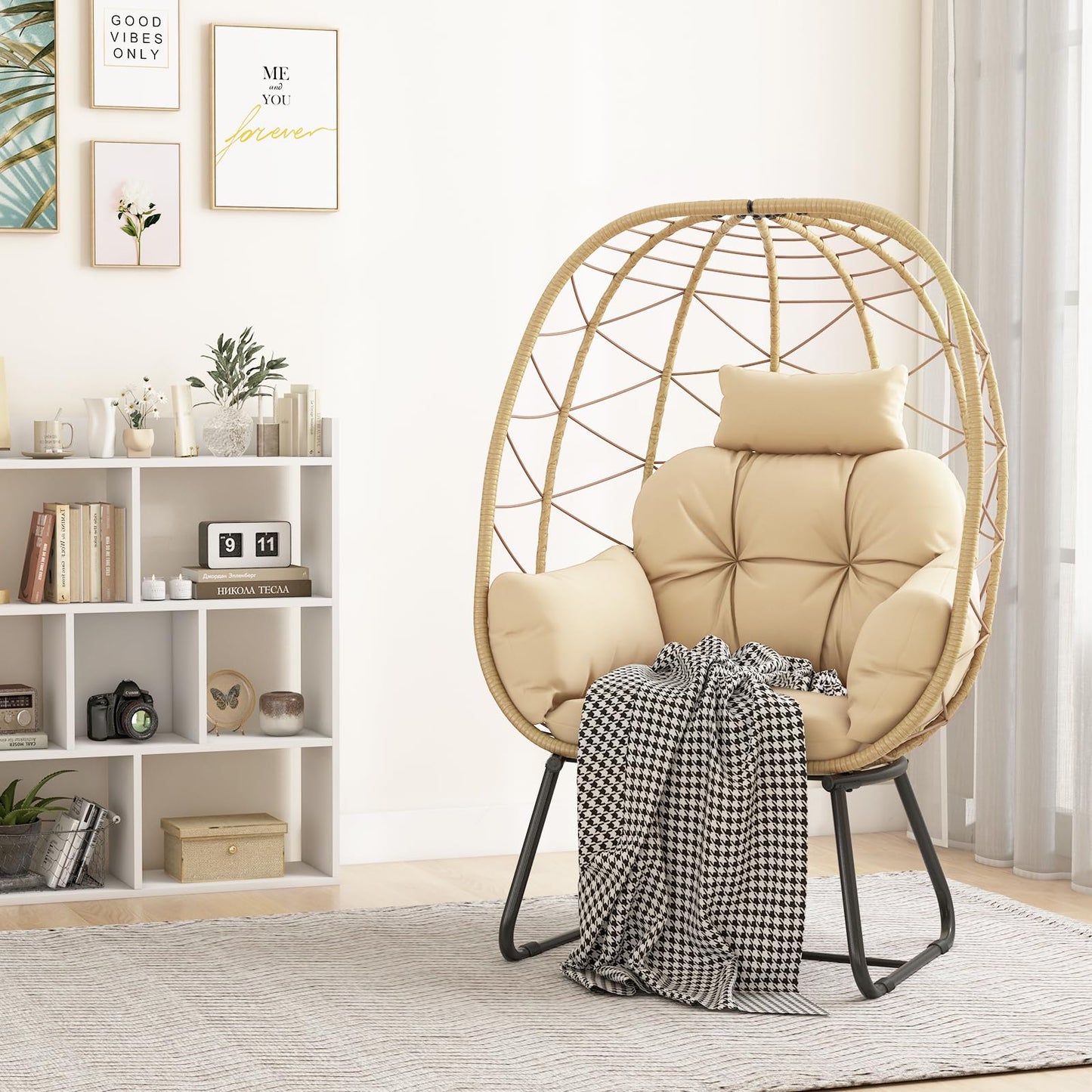 Oversized Standing Rattan Garden Egg Chair with Thick Cushions and Headrest