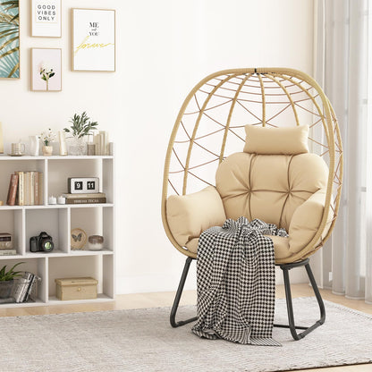 Oversized Standing Rattan Garden Egg Chair with Thick Cushions and Headrest