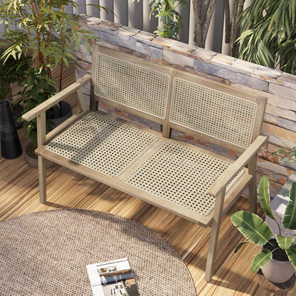 Outdoor Teak Wood Garden Bench with Armrests Rattan Backrest and Seat