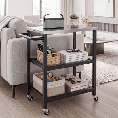 Outdoor Grill Cart on Wheels, Pizza Oven Stand Serving Trolley with Stainless Steel Top, Handle and Hooks